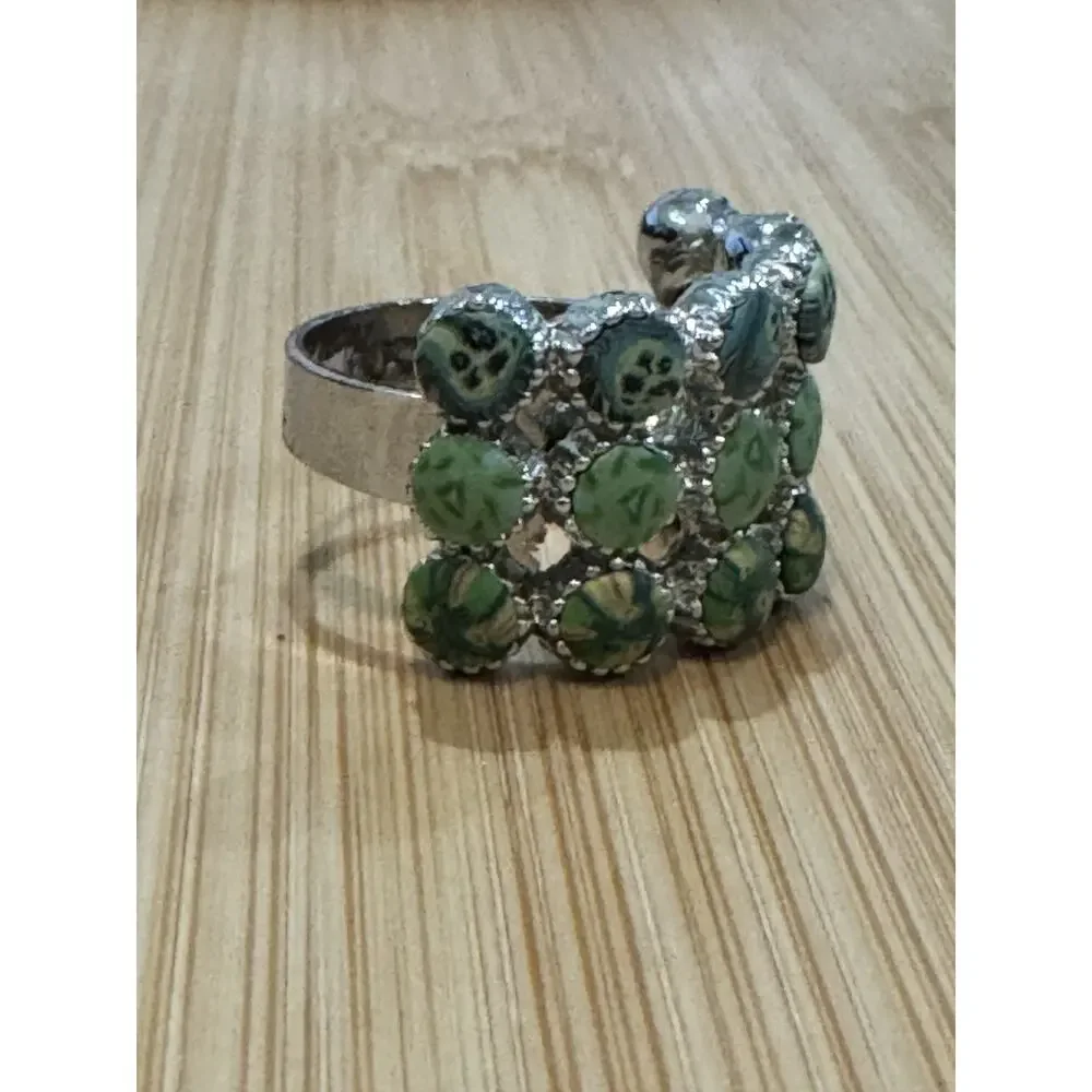 Viva Beads Green Hand Painted Statement Ring Silver Tone Wide Band Size 6.75